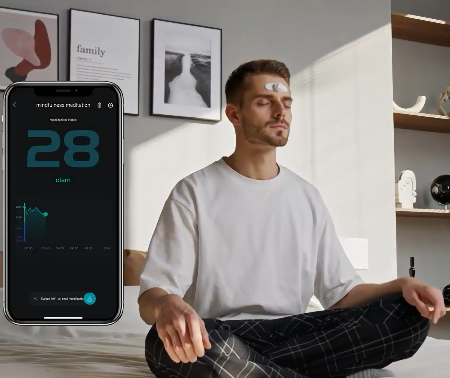 User practicing meditation with Neurovista BM05 for real-time deep relaxation and mindfulness tracking on DNAi.